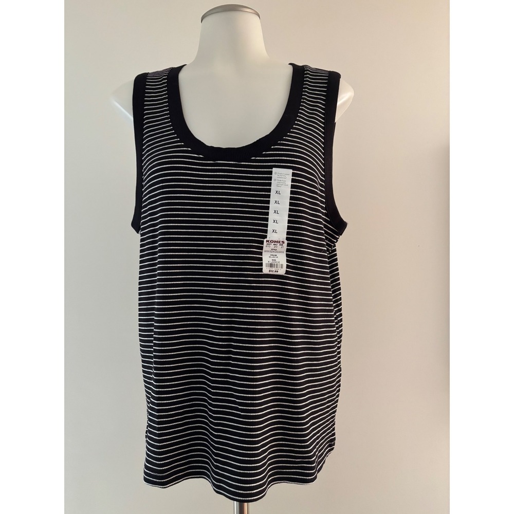 Nine West Tank Top Women XL Black New Striped Soft Spun Scoop Neck Ribbed Tank - Picture 2 of 8